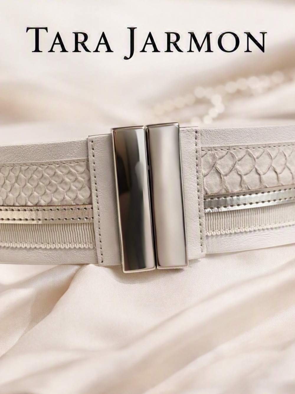 Tara Jarmon White Wide Leather Belt Python Silver Buckle French Designer 27”